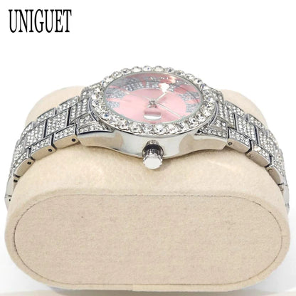 Hot Fashion Luxury Brand UNIGUET Womens Watch Elegant Pink Diamond Small Dial BlingBling Quartz Ladies Mini Iced Wristwatch Gift