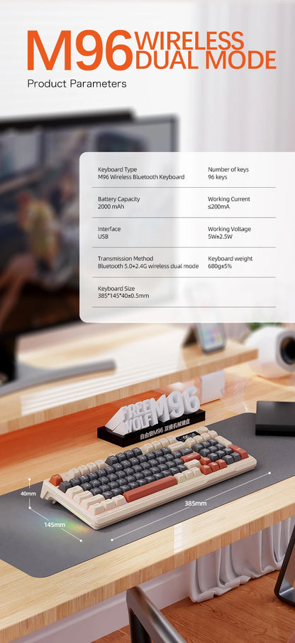 M96 Bluetooth Wireless Keyboard FREEWOLF Digital Display, RGB Backlight, 2000mAh Battery & PBT Keycaps for PC/Laptop