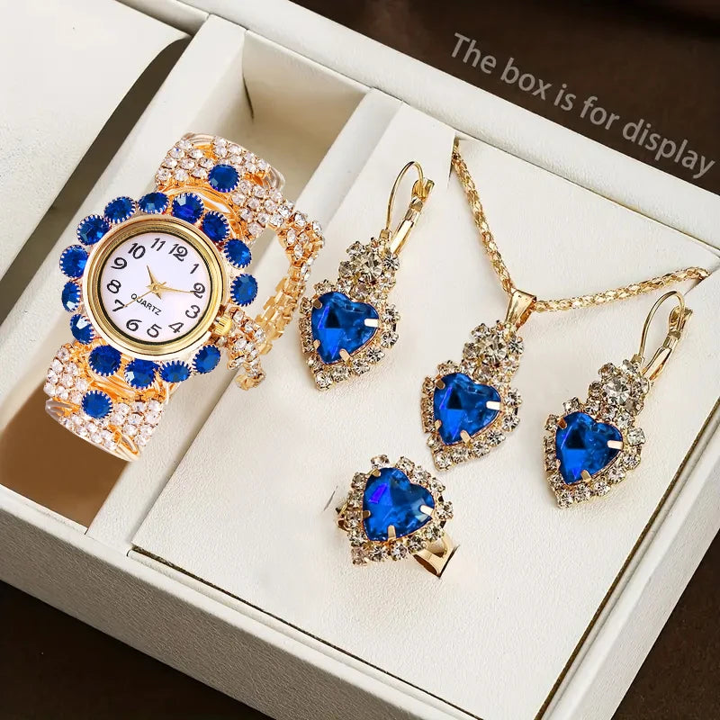 5PCS Luxury Rhinestone Women Watches Jewelry Set Fashion Adjustable Bangle Ladies Quartz Wristwatch Reloj Mujer（Without Box）