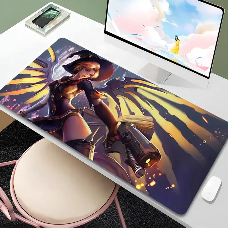 Tapete de rato Overwatch Mercy para PC Gamer, gabinete, kawaii, XXL, tapete de teclado com rapariga anime sensual, acessórios gaming para portátil e tapete de secretária