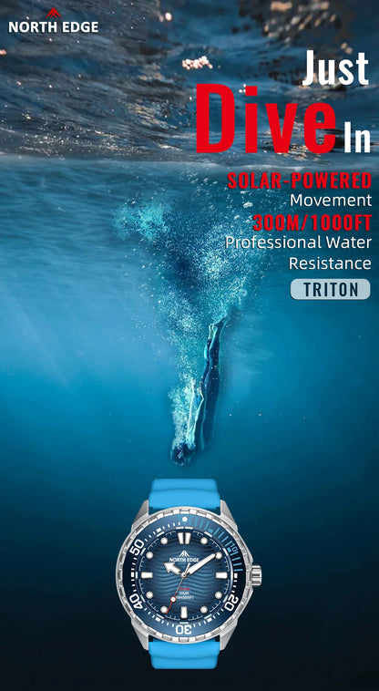 2025 New  NORTH EDGE TRITON Solar Powered Dive Watch Men Luxury Quartz Watches For Men 316L Stainless Steel Case Waterproof 300M