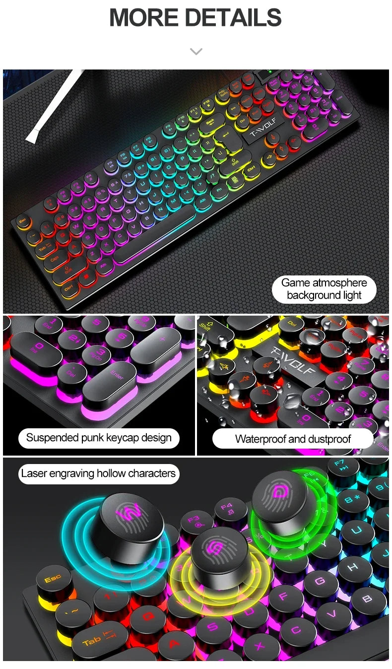 T80 Gaming Mechanical Feel Keyboard Wired 104 Keys Keyboard USB Retro Punk Game Office Suspended Keycap Cool RGB Lighting Effect