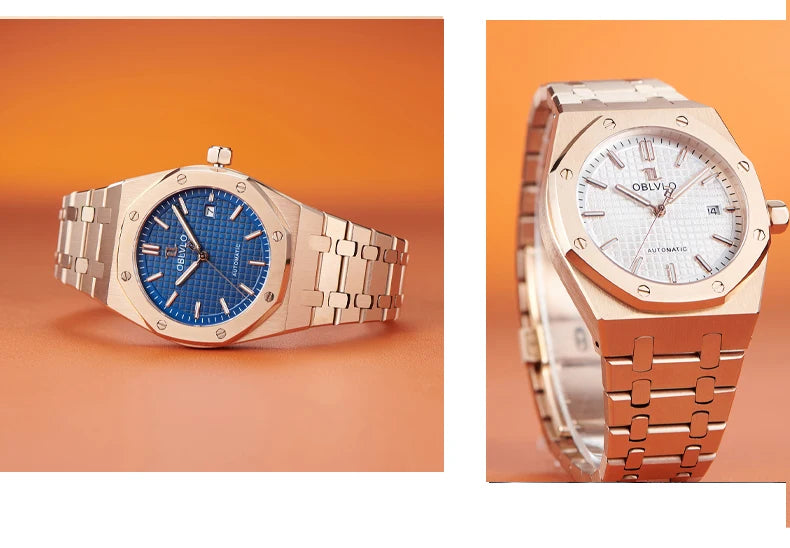 OBLVLO TM-ASP Luxury Men's Watch 41mm Blue Dial Rose Gold Automatic Luminous Waterproof Mechanical Casual Business Watch