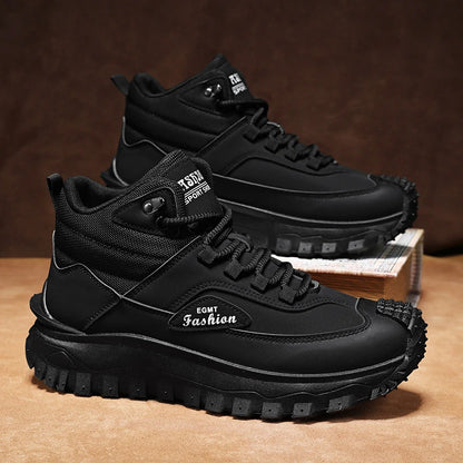 Men'S Black And White Mid Top Hiking Boots Waterproof Leather Platform Sneakers Non Slip Outdoor Casual Shoes With Rugged Sole