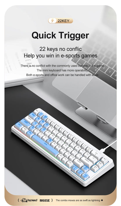 FREEWOLF M68SE Mechanical Feel Keyboard 68 Keys Mini Wired Compact Keyboard Silent for Laptops, Gaming and Office Use