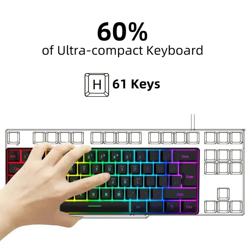 60% wired gaming keyboard, RGB backlight ultra compact mini keyboard, waterproof small compact 61 key keyboard for PC/Mac gamers