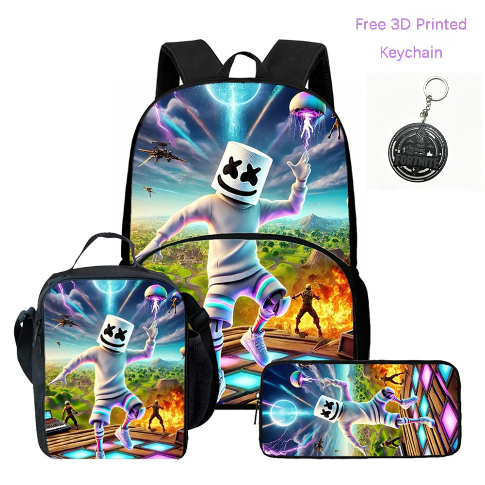 3Pcs FORTNITE Cartoon School Set Lightweight Backpack Front Pocket Lunch & Pencil Case For Kids Age 5-9 Free 3D Printed Keychain