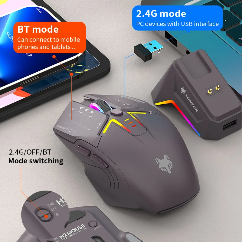 Rato XUNSVFOX H2 sem fios Bluetooth de modo duplo, iluminação RGB, para portátil, gaming e escritório, com carregamento magnético