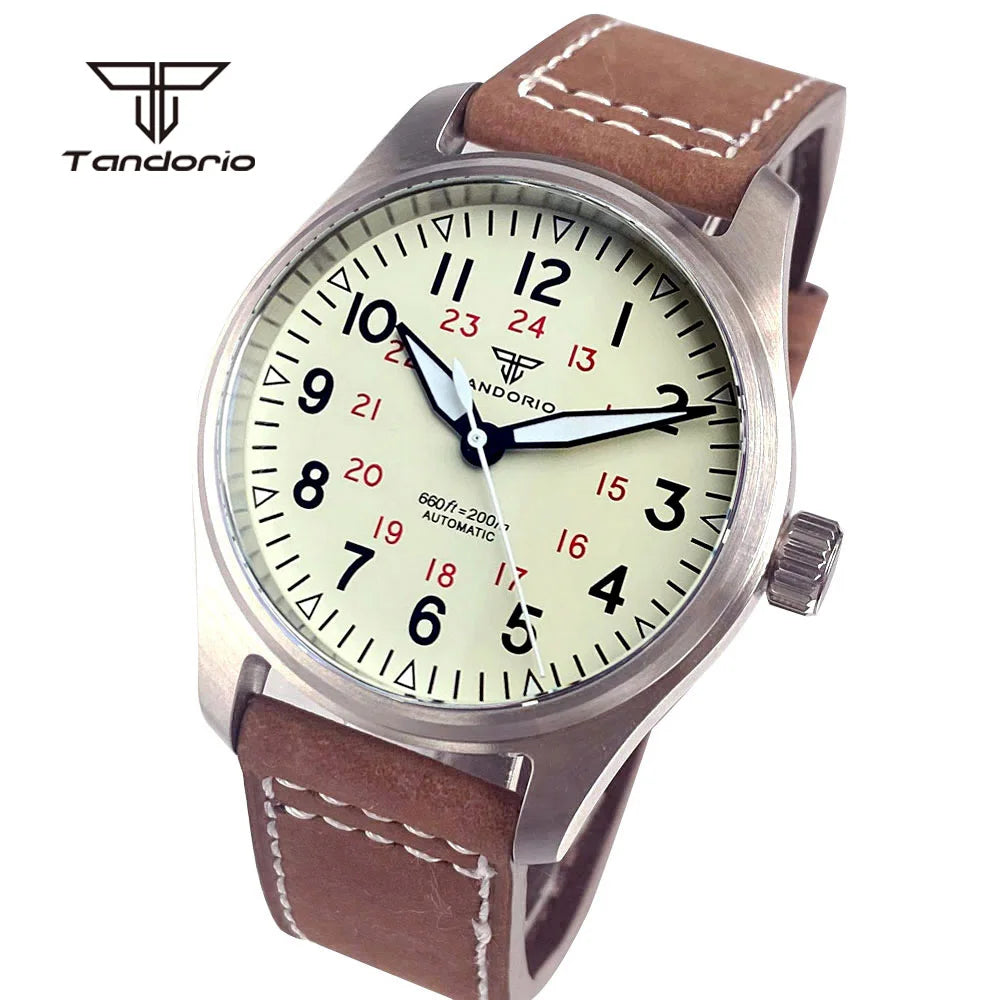 Tandorio 39mm Pilot Men's Diving Automatic Watch AR Sapphire Miyota8215/PT5000 Movt Mechanical Steel Wristwatch 20BAR Green Lume