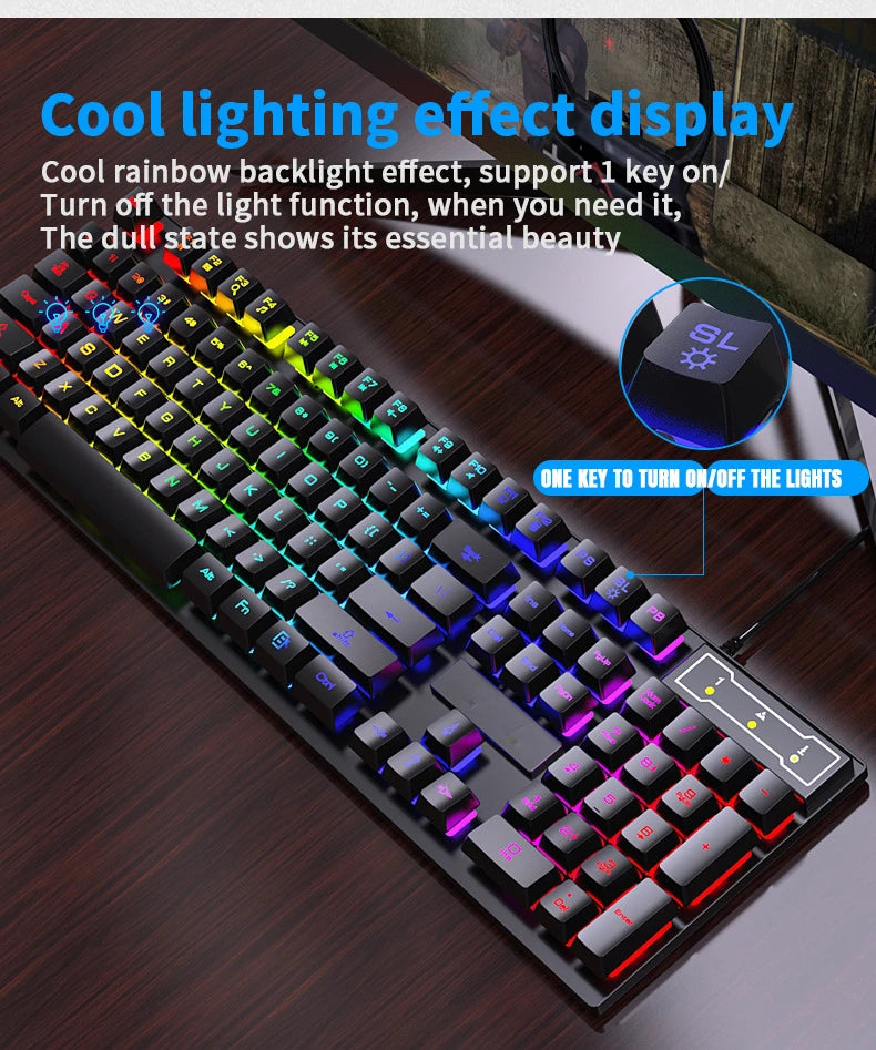 Conjunto de teclado com fios de 104 teclas com retroiluminação RGB e efeito de respiração, teclado gaming ergonómico e rato para computador, portátil, gamer e escritório