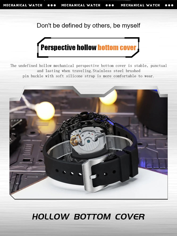 MUSANFIGO automatic hollow mechanical watch, barrel shaped fashionable men's trendy watch, luminous waterproof watch