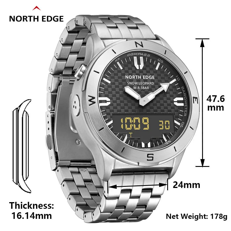 Relógio digital desportivo NORTH EDGE para homem, relógio de luxo empresarial para homem, impermeável 50M, altímetro, barómetro, bússola e mostrador luminoso