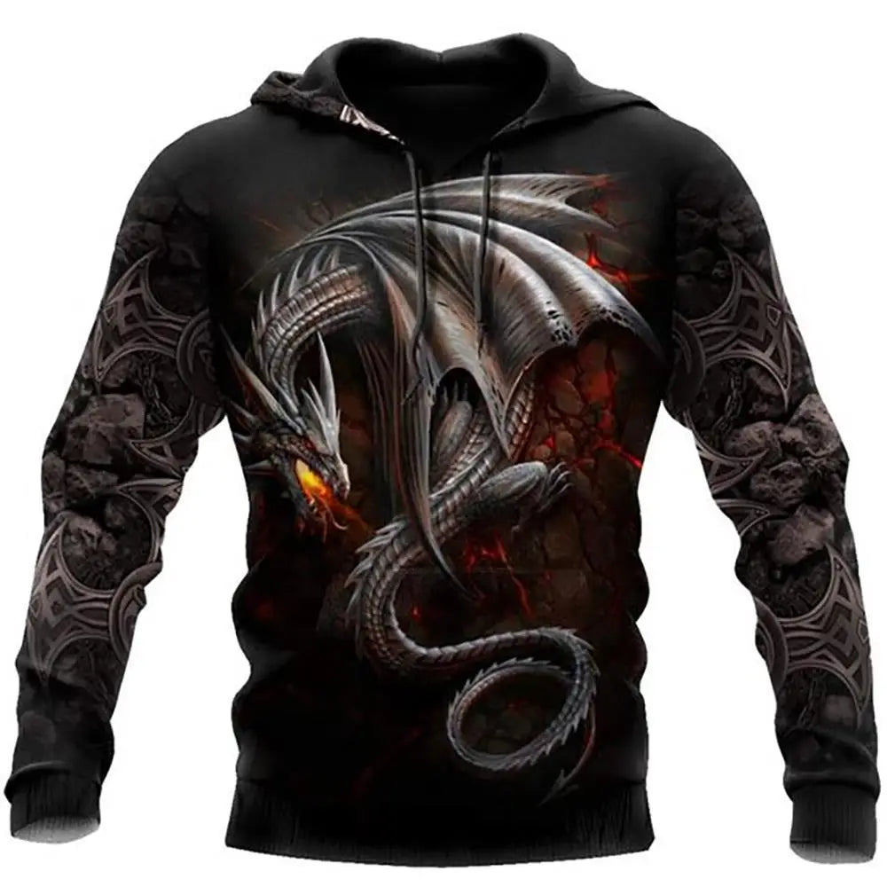 Felpa con cappuccio unisex da uomo con maniche lunghe, stampa 3D drago tatuaggio, autunno inverno, streetwear casual a pullover
