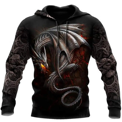 Felpa con cappuccio unisex da uomo con maniche lunghe, stampa 3D drago tatuaggio, autunno inverno, streetwear casual a pullover
