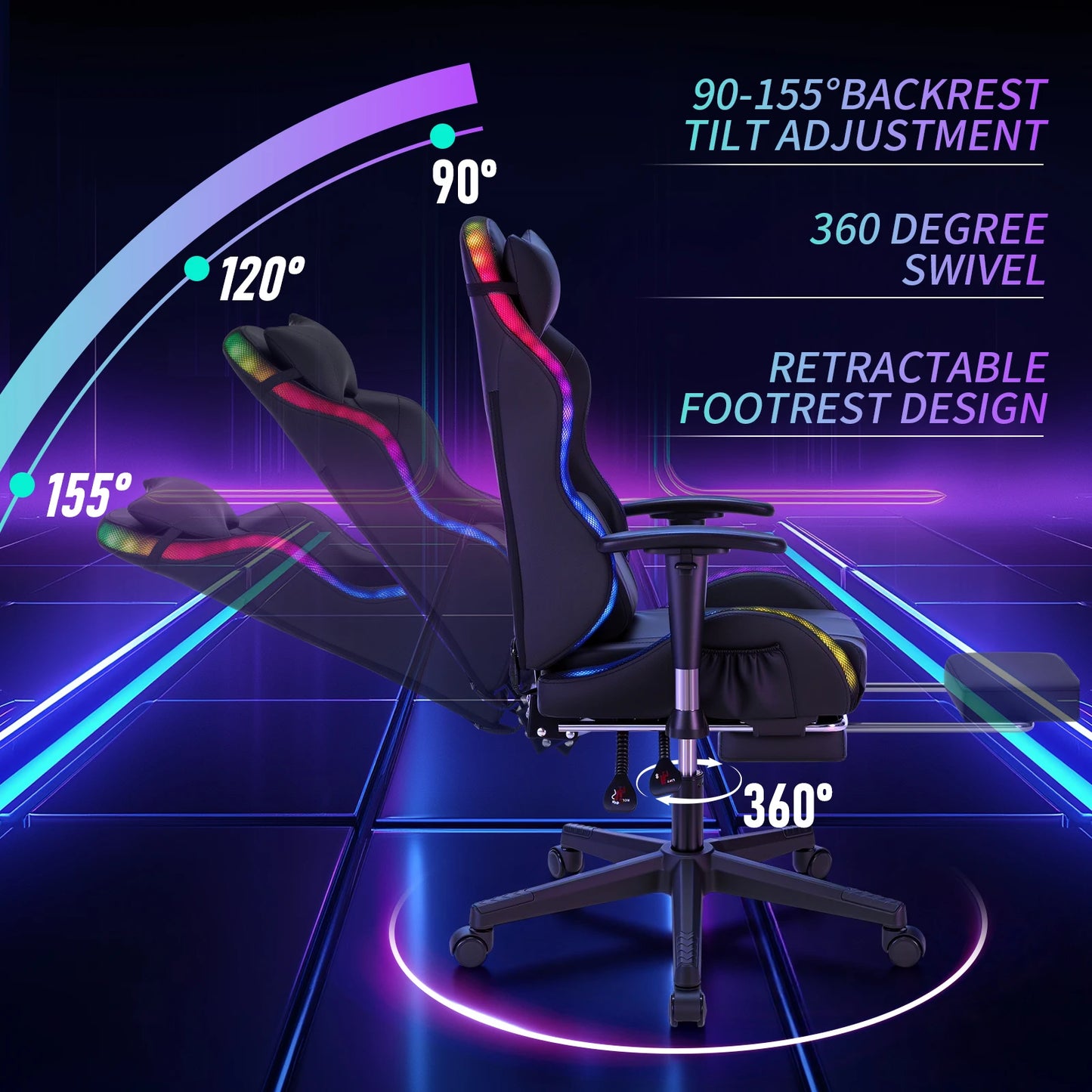250Lbs Load LED Gaming Chair for Children 8-15Years, Adjustable Gamer Chair with LED Lighting, Footrest & Lumbar Support