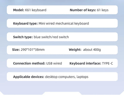 61 Keys Mechanical Keyboard Wired, APAYADO K61 RGB 60% Portable Mini Keyboard Black, White, Red/Blue Switch for Gaming
