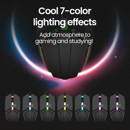 Rato Gaming USB com Fio RGB Retroiluminado e Botão Silenciar, para PC de Secretária, Portátil, Computador, Casa e Escritório, LED Luminoso, 1600DPI