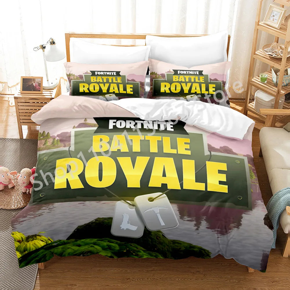 Conjunto de Cama Battle Royale F-Fortnite 3 Peças para Crianças, Capa de Edredão, Colcha e Fronha, Tamanho Duplo, Decoração de Quarto Victory Game