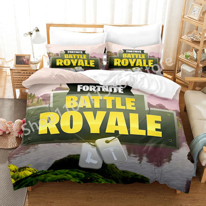 Conjunto de Cama Battle Royale F-Fortnite 3 Peças para Crianças, Capa de Edredão, Colcha e Fronha, Tamanho Duplo, Decoração de Quarto Victory Game
