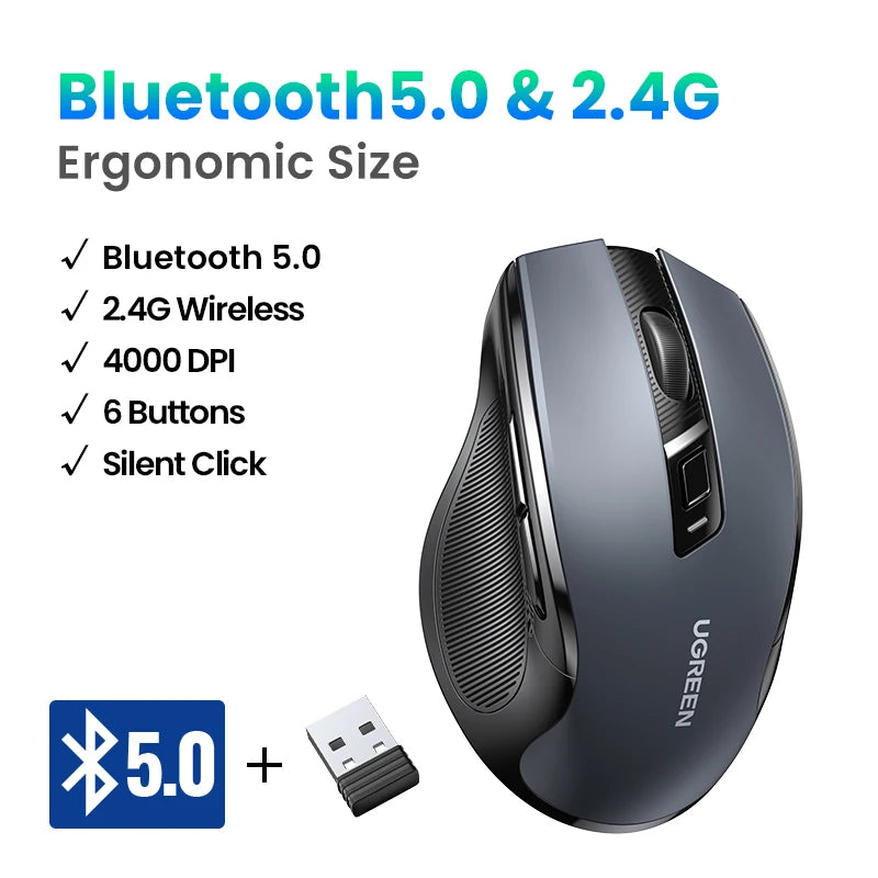 Rato sem fios UGREEN Bluetooth 5.0, ergonómico, 4000 DPI, 6 botões silenciosos, para MacBook, tablet, computadores portáteis, computador PC, rato 2.4G