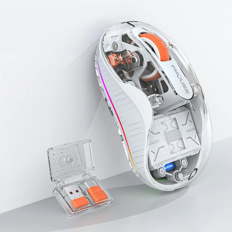 Lenovo Transparent Wireless Mouse Tri-Mode Bluetooth 5.0 & 2.4G Rechargeable RGB Mouse, Ergonomic Silent Wireless Mouse for Laptop, PC & Office