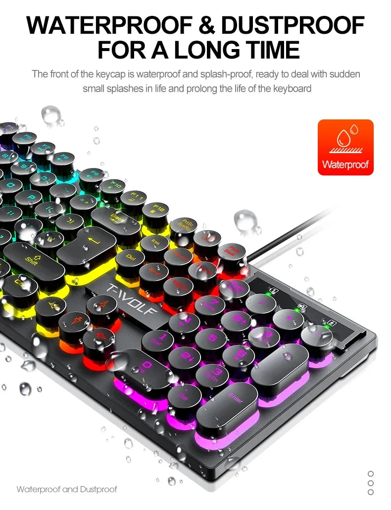 T80 Gaming Mechanical Feel Keyboard Wired 104 Keys Keyboard USB Retro Punk Game Office Suspended Keycap Cool RGB Lighting Effect