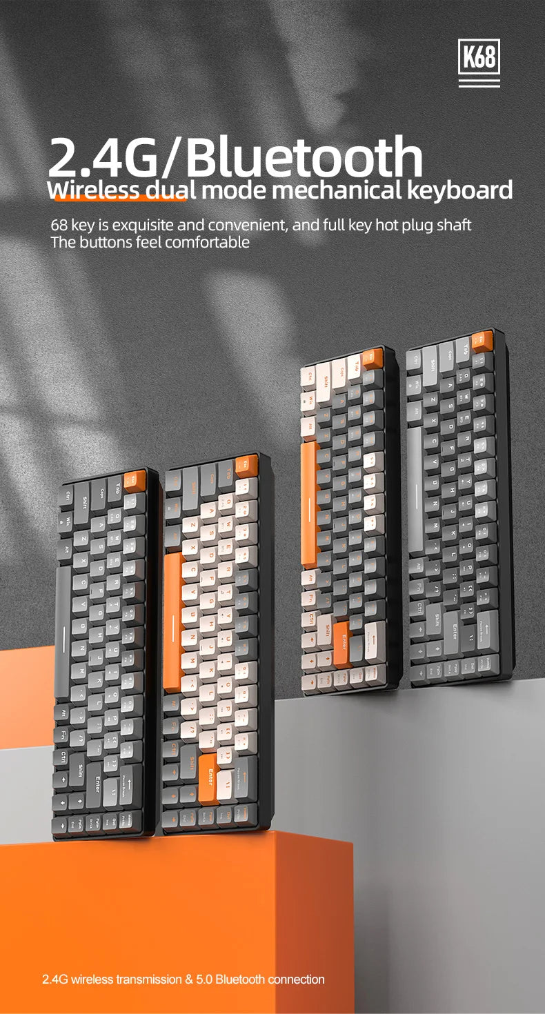 FREEWOLF K68 Mechanical Keyboard, Bluetooth Wireless, Blue and Red Switches, Hot-swap, Small Size Mini Keyboard