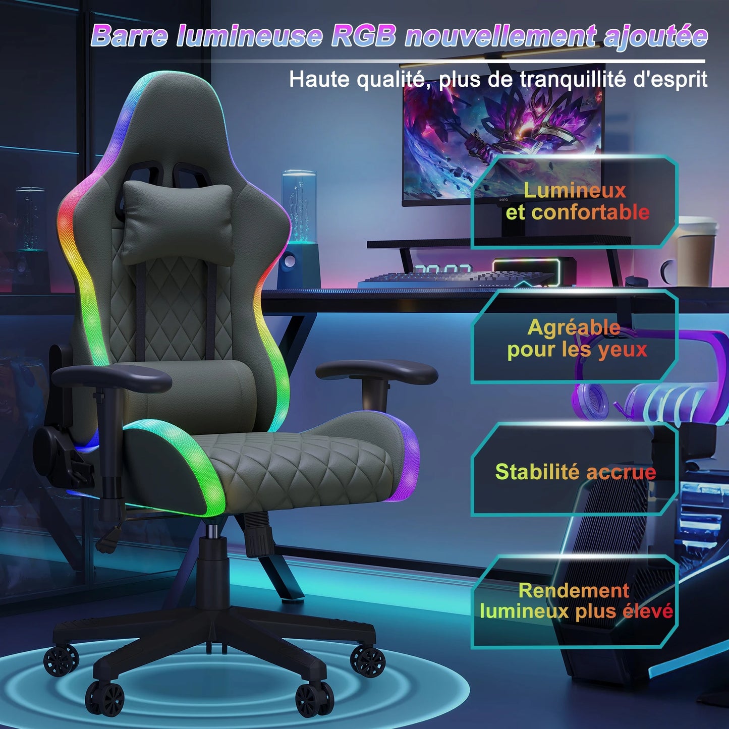Ergonomic Office Chair with Lumbar Massage, LED RGB Ambient Lighting, and Reclining Backrest, for Home Offices