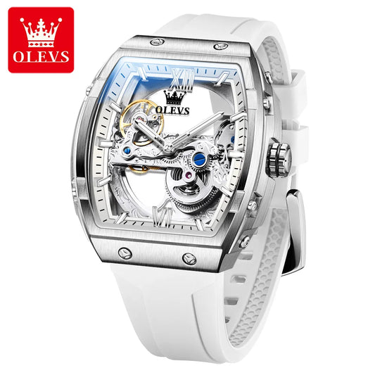  OLEVS Automatic Men Watch White Rubber Strap Mechanical Tourbillon Watches Men Luminous Watches Waterproof
