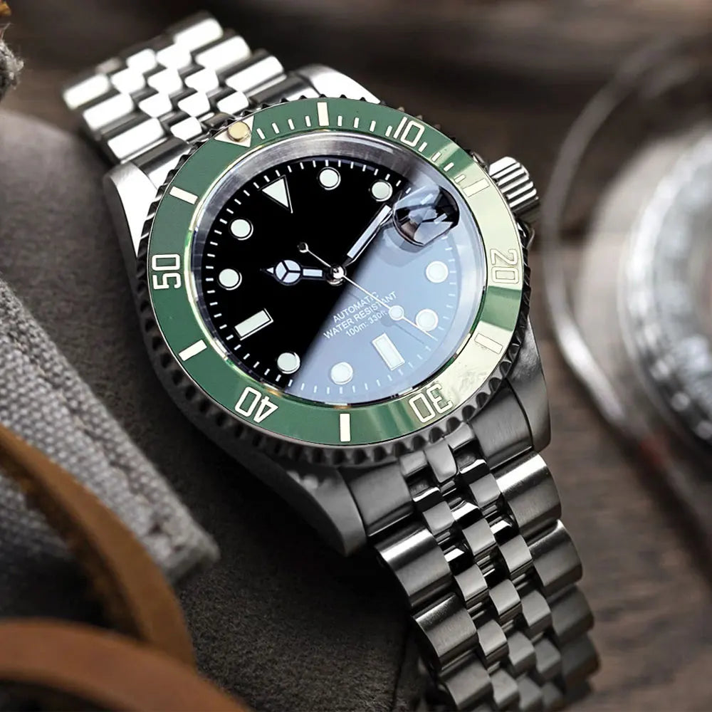 Relógio de Homem Automático Miyota8215 Impermeável 200m, Relógio de Mergulho 40mm com Movimento Mecânico, Luminoso, Bracelete Jubilee e Fecho Glide Lock