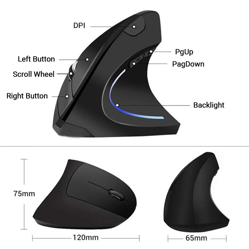 Wireless Vertical Mouse 2.4GHz Ergonomic Optical Mouse, Adjustable DPI Wireless Vertical Mouse with RGB Backlight for Laptop, PC, Mac, Tablet & Office