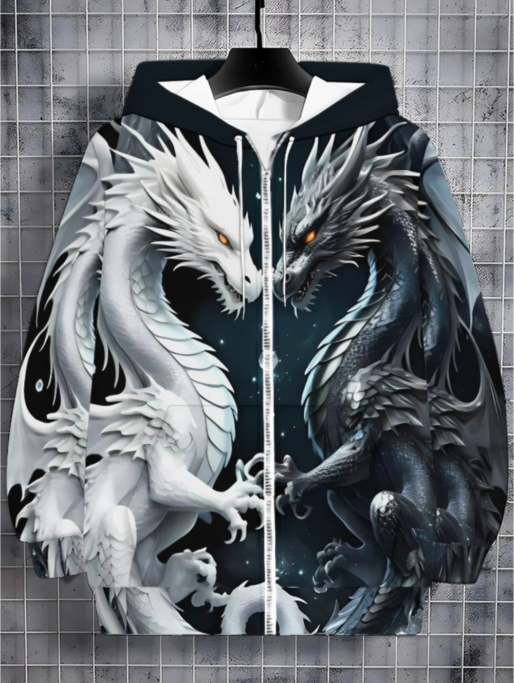 Mens Dragon Print Zipper Hoodie Outdoor Activities Travel Drawstring Long Sleeve Hoodies Autumn Winter Oversize Man Sweatshirts