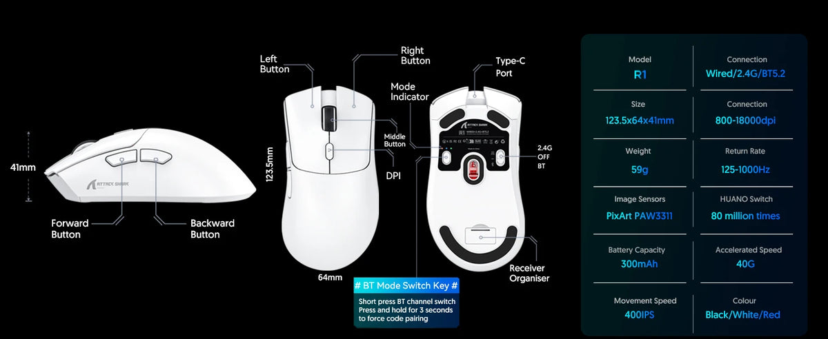ATTACK SHARK R1 trostruki gaming miš, PixArt PAW3311 senzor, 18000 DPI, 1000hz, 59g, ultralagan za velike ruke, za PC/Mac