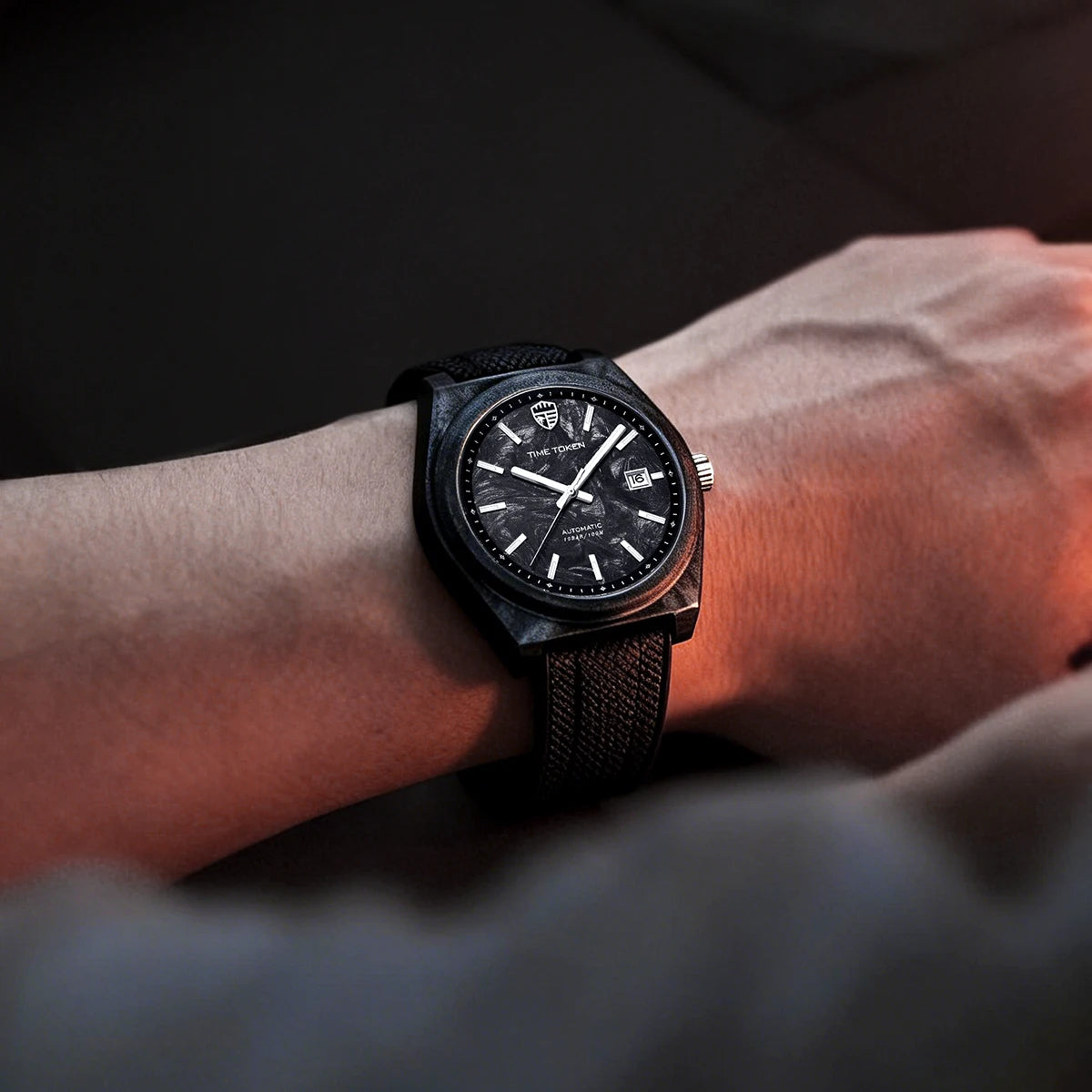 TIME TOKEN  Limited Edition 41mm Luminous Magic Carbon Fiber Men's Automatic Mechanical Watches Calendar Miyota8215 Movement