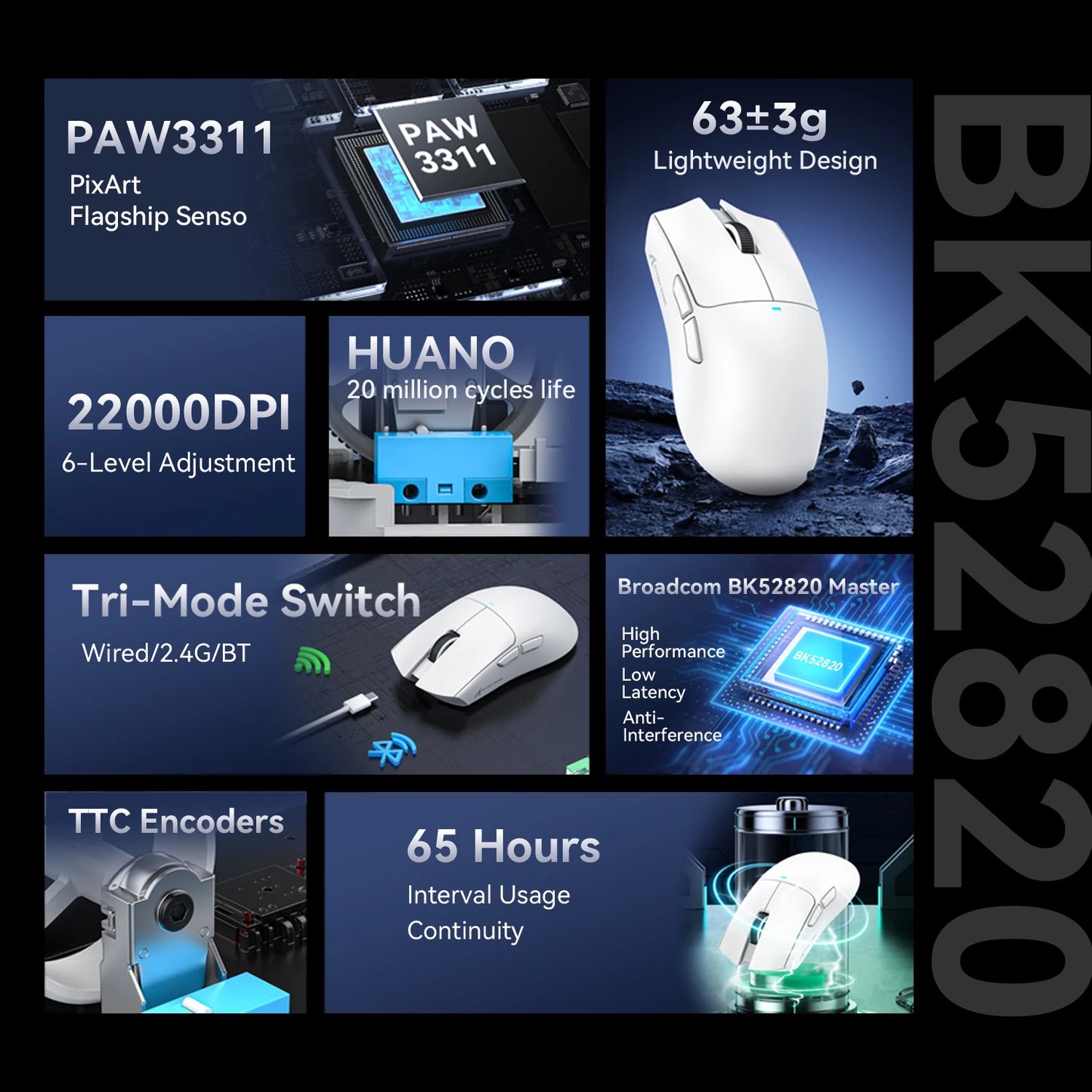 Rato gaming ATTACK SHARK X11 e rato sem fios X11 SE 22000 DPI, sensor PAW3311, BT/2.4G/com fios, leve 59g, 2000W cliques