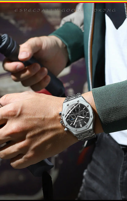 BINBOND 0161 Brand Man Quartz Watch Luxury Luminous Chronograph Wristwatch Stainless Steel Waterproof Men Date Calendar Clock