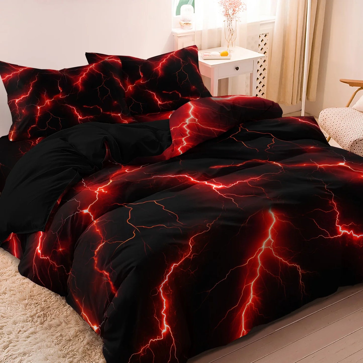 3Pcs Lightning Thunder Pattern Print Duvet Cover Bedding Set Soft Breathable For Four-seasonBedroom Dormitory Decorative