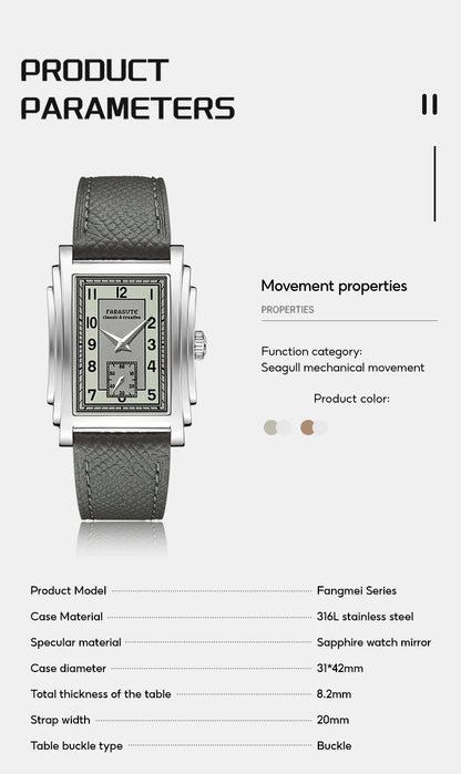 FARASUTE Original Design Square Manual Mechanical Men's Watch Seagull Movement Luxury Retro Sapphire Mirror Waterproof Men Watch