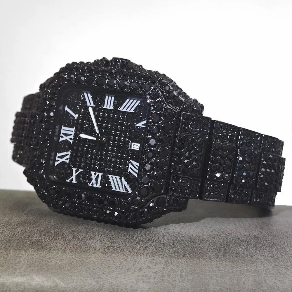 UNIGUET Cool Men's Watch Luxury Stainless Steel Quartz Watch Hip Hop Black Diamond Square Design Fashion Iced Wristwatch for Men