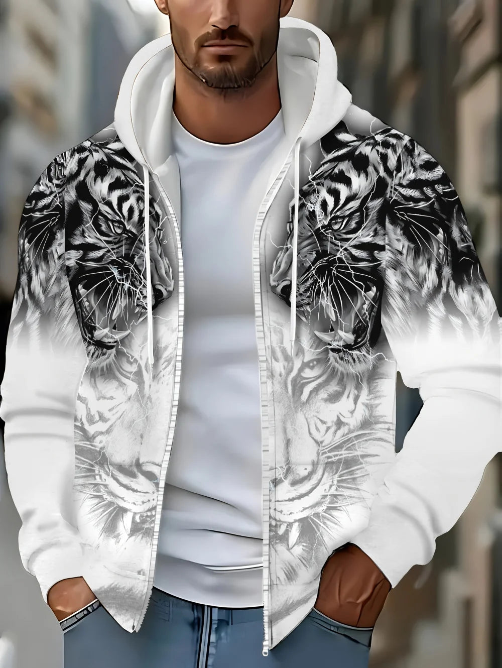 Sweatshirt com capuz e fecho para homem 2025, manga comprida, gráfico de tigre, estilo casual outdoor, com cordão e bolsos