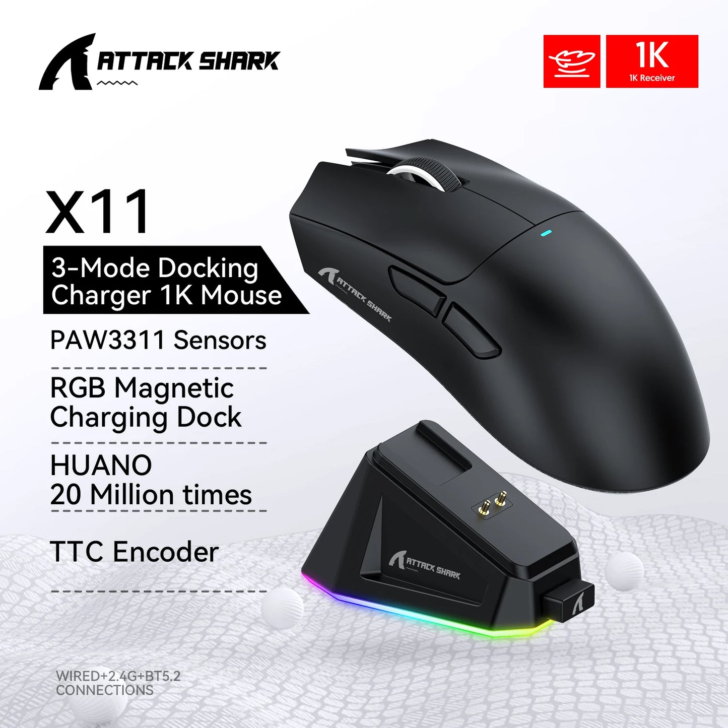 Attack Shark R1/X11 Tri-Mode Wireless Gaming Mouse, 18,000 DPI PAW3311 Bluetooth, 2.4GHz & Wired Lightweight Programmable Gaming Mouse for PC & Laptop