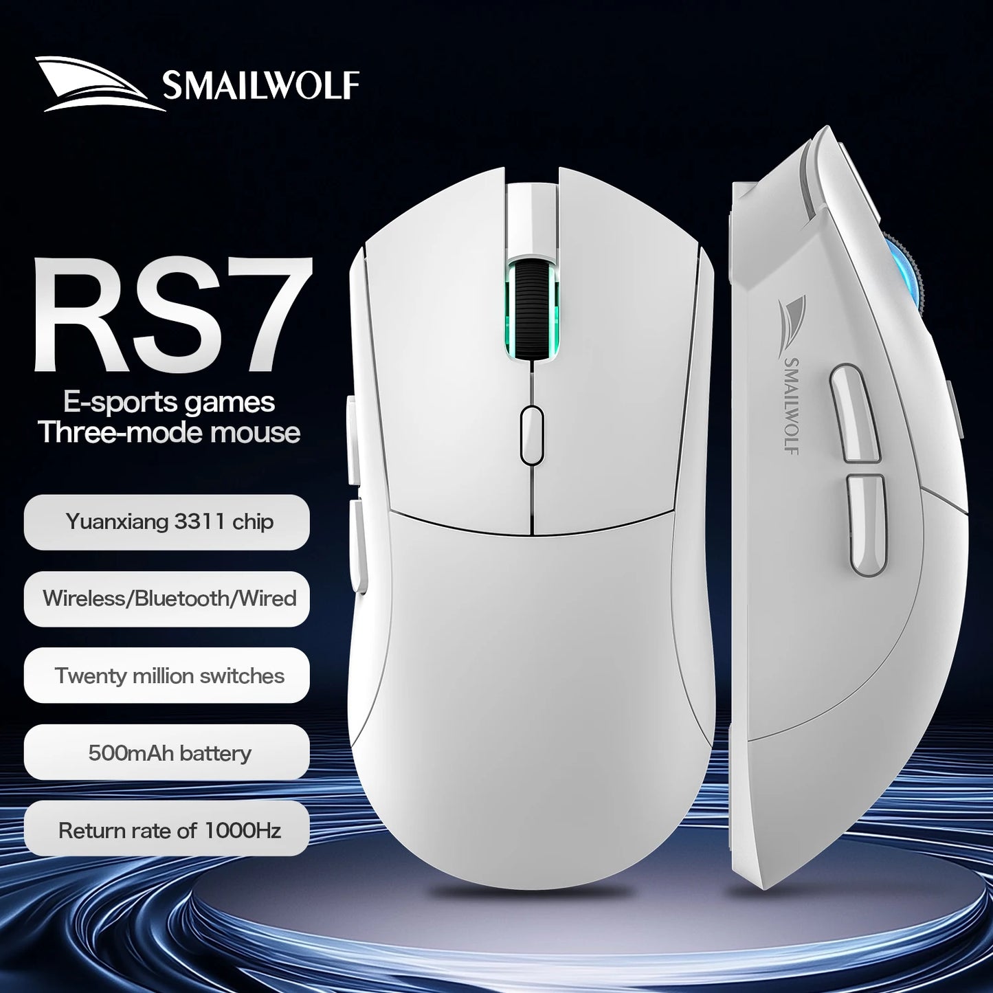 Rato gaming sem fios Bluetooth SMAILWOLF RS7, três modos, PAW3311, macros configuráveis, para portátil, gaming e escritório