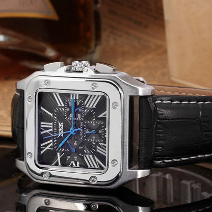 Fashion Jaragar Top Brand Men's Stylish Casual Skeleton Automatic Watch Multifunction Genuine Leather Strap Square Dial Business
