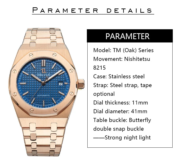 OBLVLO TM-ASP Luxury Men's Watch 41mm Blue Dial Rose Gold Automatic Luminous Waterproof Mechanical Casual Business Watch