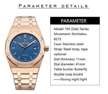 OBLVLO TM-ASP Luxury Men's Watch 41mm Blue Dial Rose Gold Automatic Luminous Waterproof Mechanical Casual Business Watch