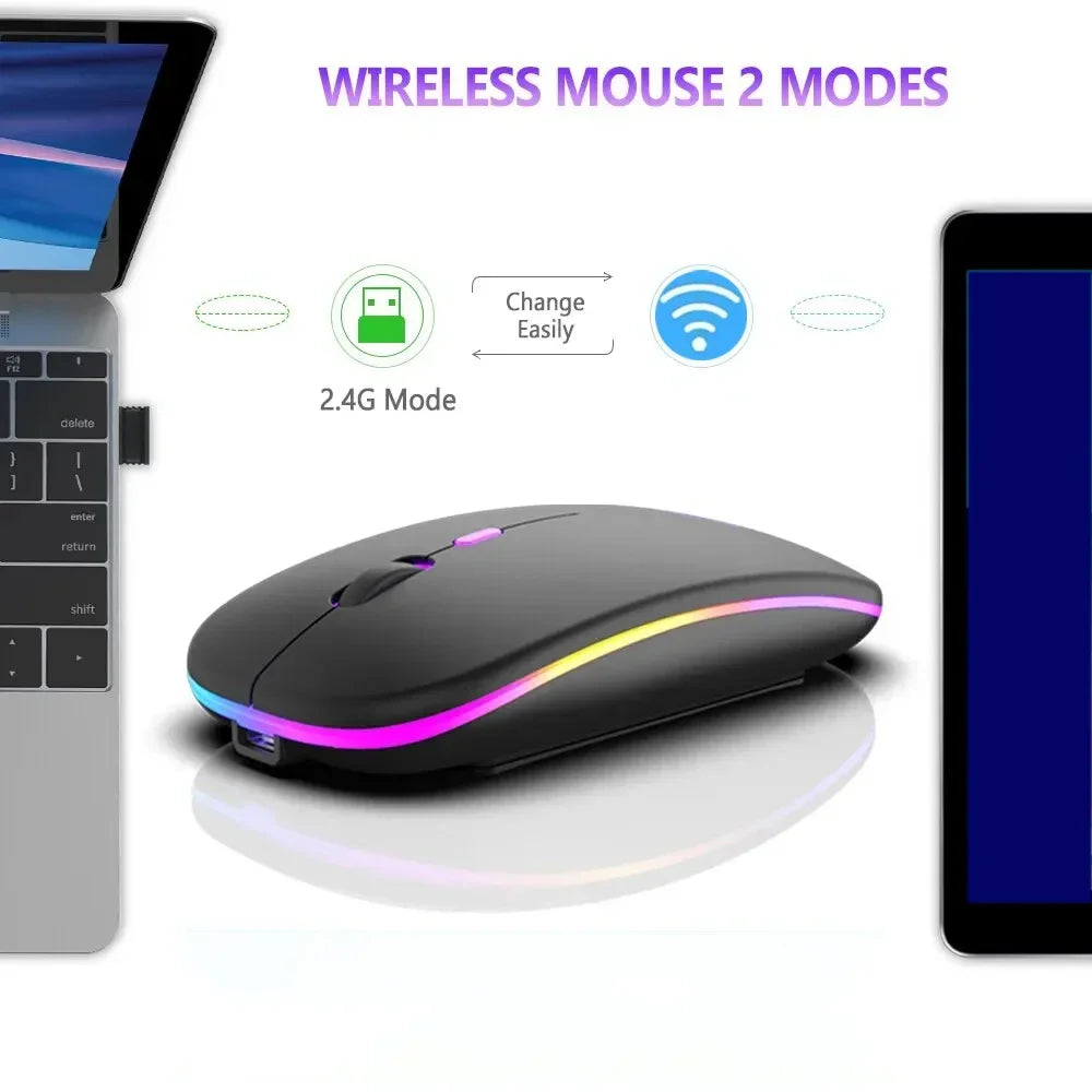 Rato sem fios recarregável de modo duplo, compatível com Bluetooth, 2.4G USB, para computador portátil, iPad, tablet e notebook, rato gaming