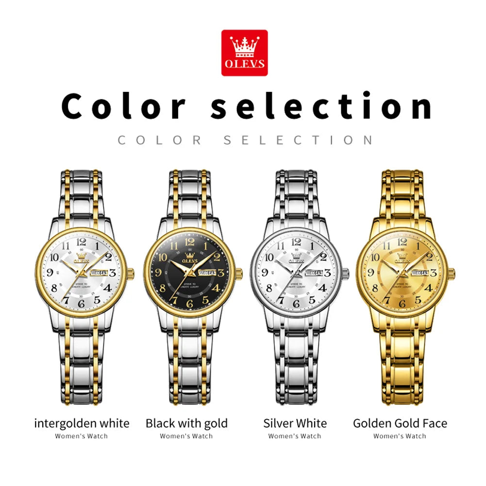 OLEVS 2891 Luxury Brand Fashion Women's Watches Waterproof Luminous Quartz Watch Dual Calendar Stainless Steel Strap Wristwatch