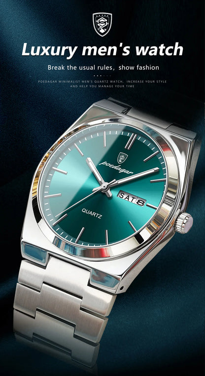 POEDAGAR Fashion Men Watch Waterproof Luminous Date Week Men's Watches Stainless Steel Functional Man Quartz Watch with Gift Box