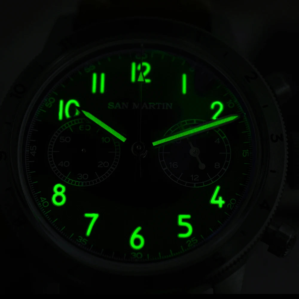 San Martin Vintage Men Quartz Watch Pilot VK64 Chronograph Watches Waterproof Luminous Quick Release Leather Strap SN0127