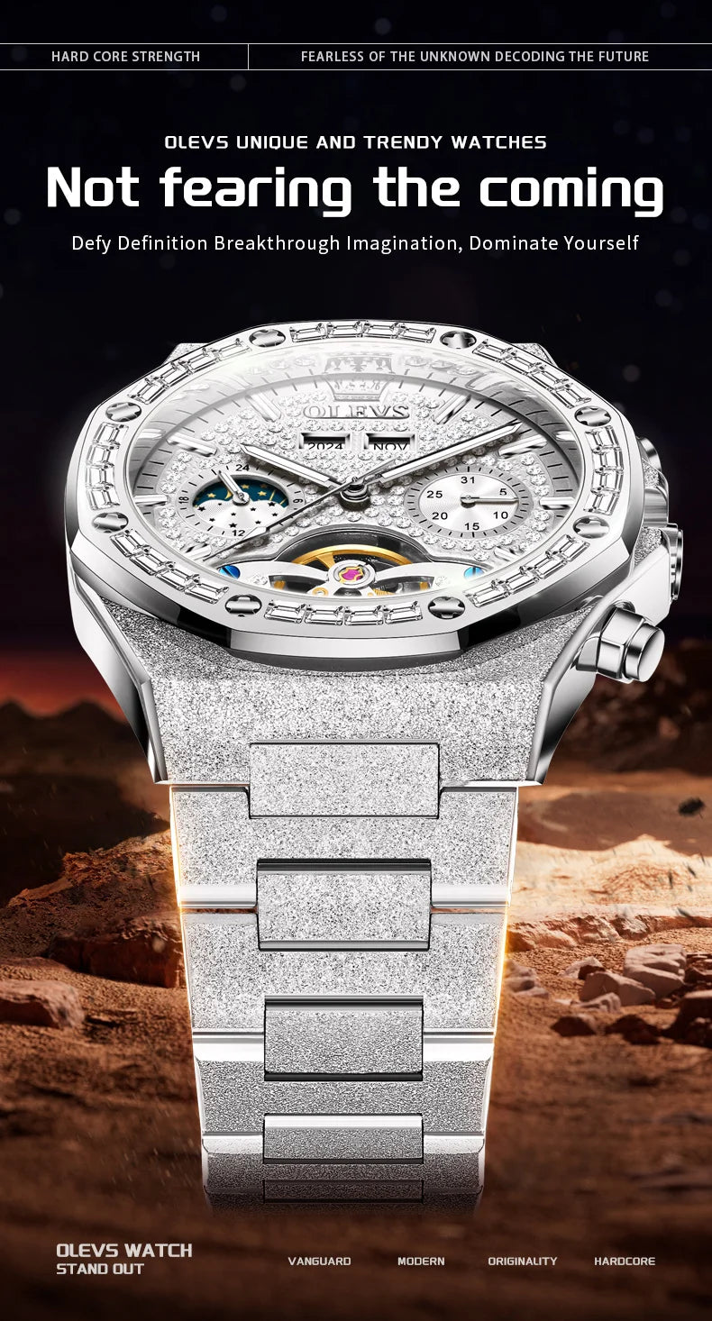 OLEVS 9805 Skeleton Automatic Man Watch Luxury Fashion Matte Texture Full Diamond Moon Phase Waterproof Mechanical Wristwatches